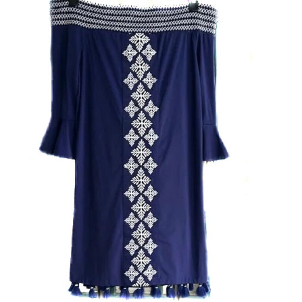CABANA LIFE/Navy Embroidered Off The Shoulder Mini Dress Coverluxe Smocked Med - Picture 7 of 14